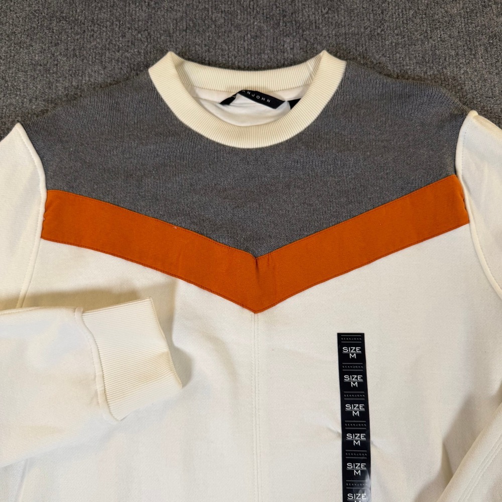 Sean John Mens Colorblock Crewneck Sweatshirt White Grey Orange Size M #4048